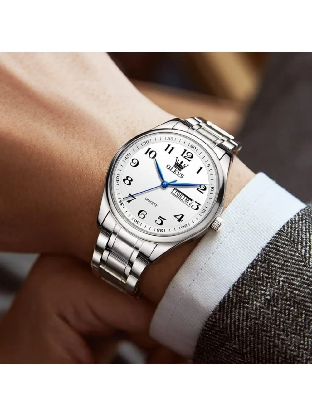 Olevs Mens Silver Luxury Stainless Steel White Face Analog Quartz Luminous Watch